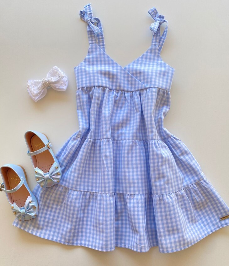 Vestido Infantil Feminino Xadrez Azul Fernanda Ramos Kids