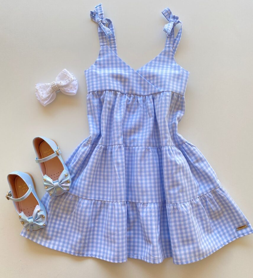 Vestido Infantil Feminino Xadrez Azul Fernanda Ramos Kids