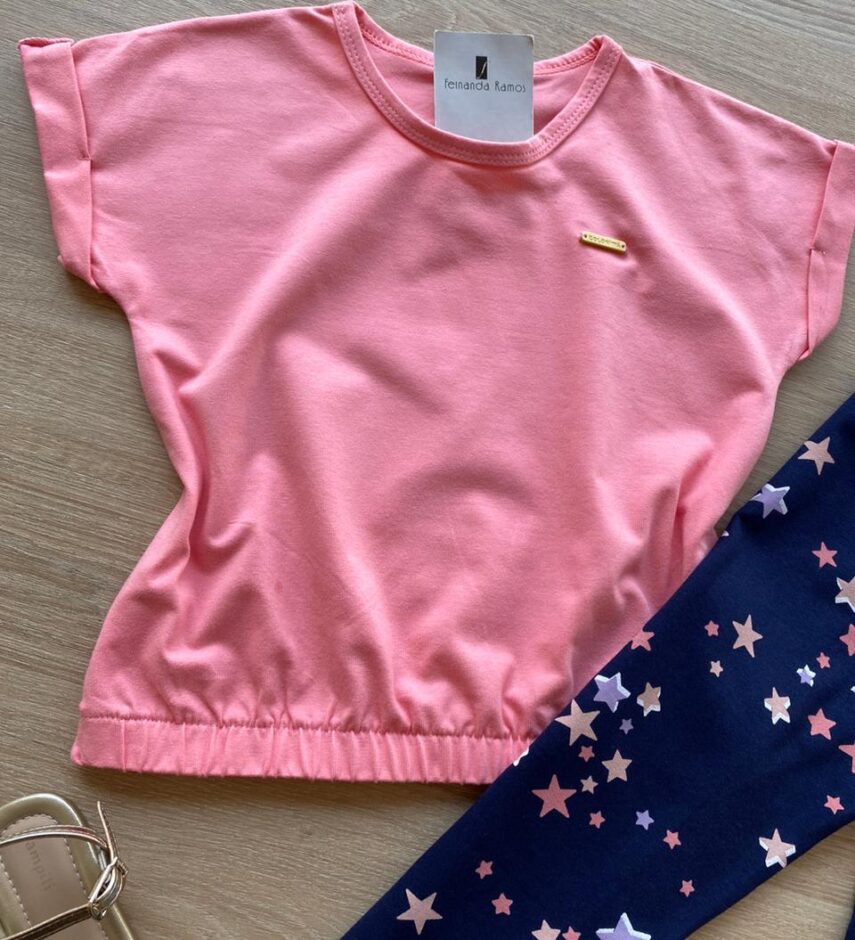 fernandaramoskids com br Blusa Cropped Infantil Feminino Manga Curta com Elástico Rosa 1