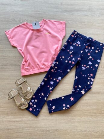 Blusa Cropped Infantil Feminino Manga Curta com Elástico Rosa Fernanda Ramos Kids