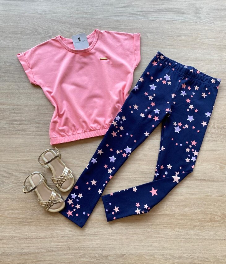 Blusa Cropped Infantil Feminino Manga Curta com Elástico Rosa Fernanda Ramos Kids