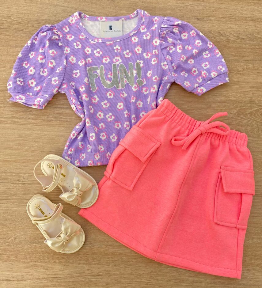 Blusa Cropped Infantil Feminino Manga Princesa Estampa Floral Lilás Fernanda Ramos Kids