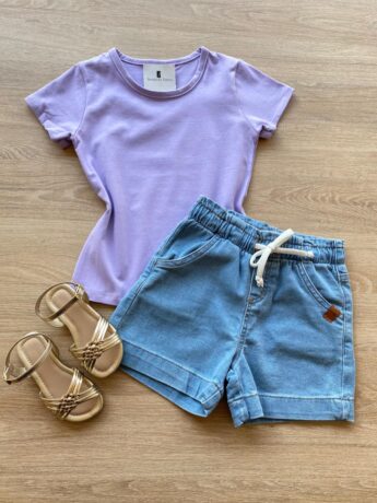 Blusa Infantil Feminina Manga Curta Básica Lilás Fernanda Ramos Kids