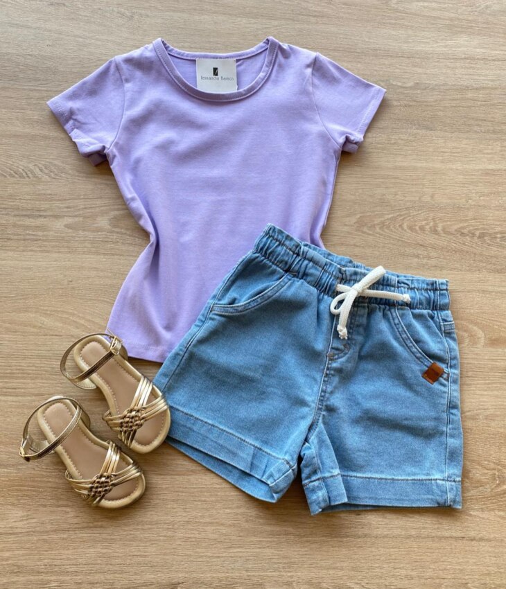 Blusa Infantil Feminina Manga Curta Básica Lilás Fernanda Ramos Kids