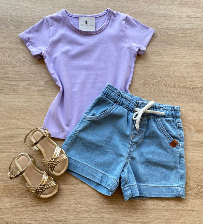 Blusa Infantil Feminina Manga Curta Básica Lilás Fernanda Ramos Kids