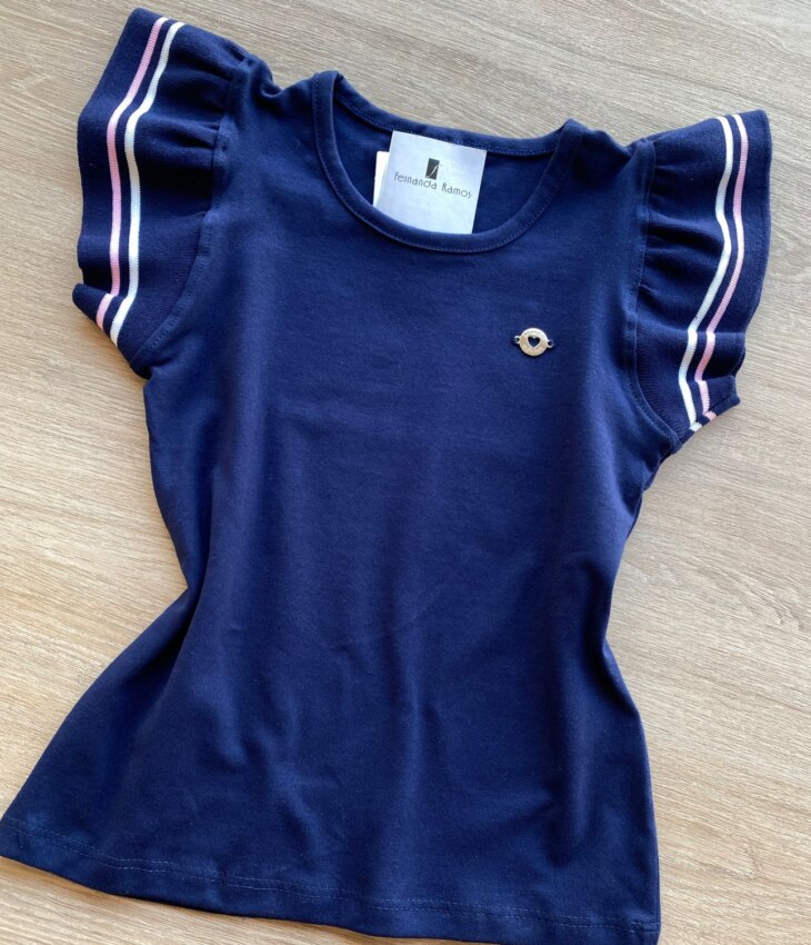 fernandaramoskids com br Blusa Infantil Feminina Manga Curta com Babado Azul Marinho 1