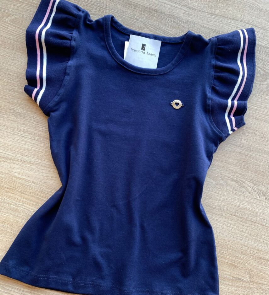fernandaramoskids com br Blusa Infantil Feminina Manga Curta com Babado Azul Marinho 1