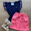 Blusa Infantil Feminina Manga Curta com Babado Azul Marinho Fernanda Ramos Kids