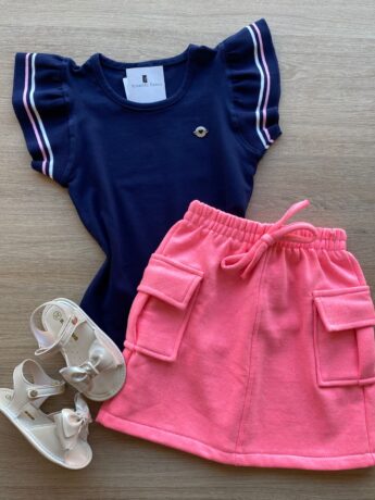 Blusa Infantil Feminina Manga Curta com Babado Azul Marinho Fernanda Ramos Kids