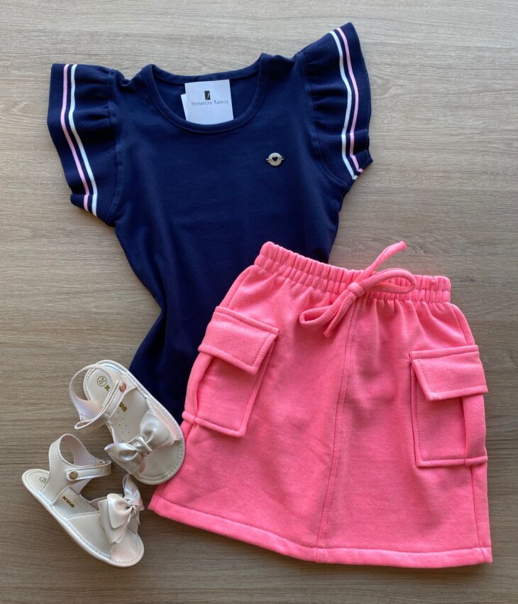Blusa Infantil Feminina Manga Curta com Babado Azul Marinho Fernanda Ramos Kids
