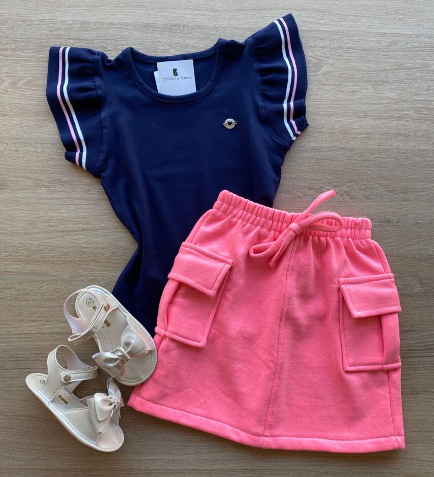 Blusa Infantil Feminina Manga Curta com Babado Azul Marinho Fernanda Ramos Kids