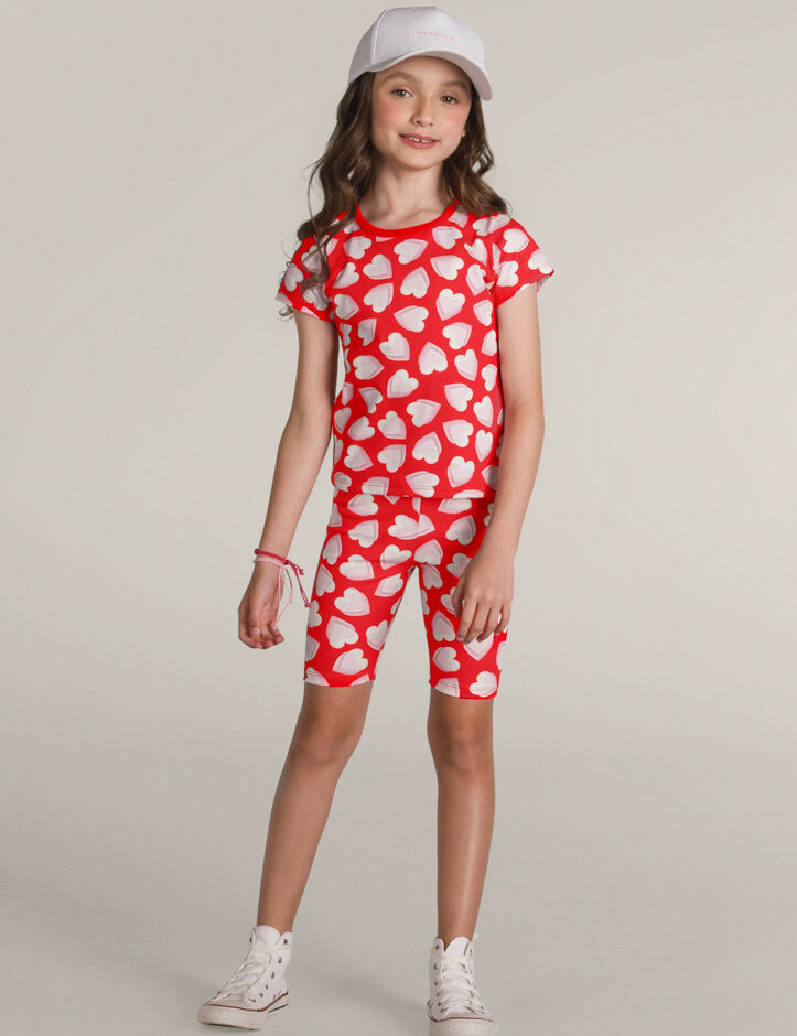 Blusa Infantil Feminina Manga Curta de Malha Corações Vermelha Fernanda ramos kids