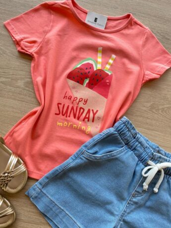 fernandaramoskids com br Blusa Infantil Feminina Manga Curta Estampa Happy Sunday Salmão 1