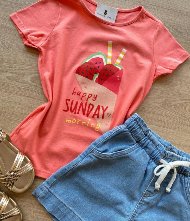 fernandaramoskids com br Blusa Infantil Feminina Manga Curta Estampa Happy Sunday Salmão 1