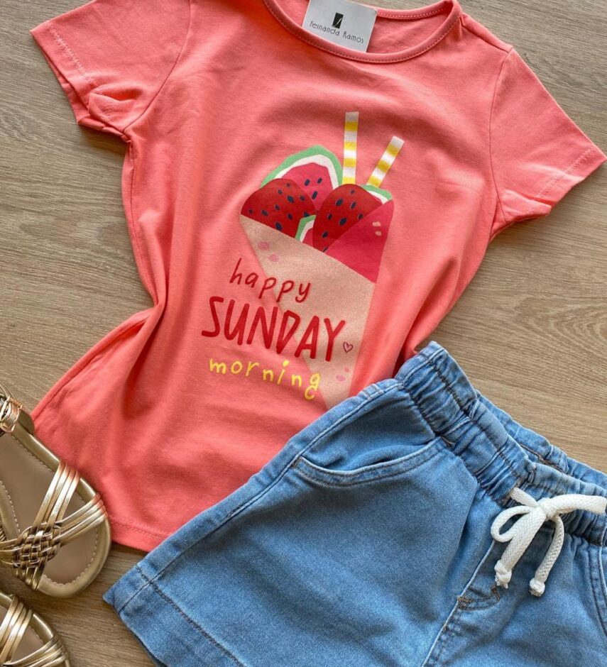 fernandaramoskids com br Blusa Infantil Feminina Manga Curta Estampa Happy Sunday Salmão 1