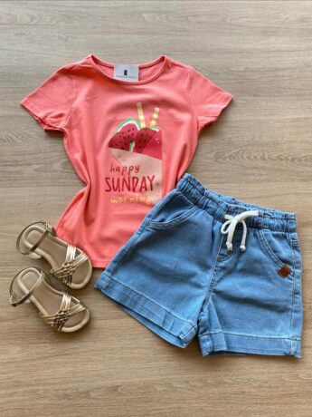 Blusa Infantil Feminina Manga Curta Estampa Happy Sunday Salmão Fernanda Ramos Kids