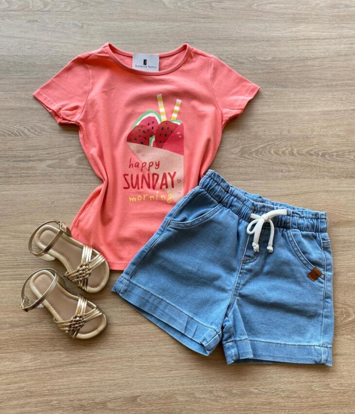 Blusa Infantil Feminina Manga Curta Estampa Happy Sunday Salmão Fernanda Ramos Kids