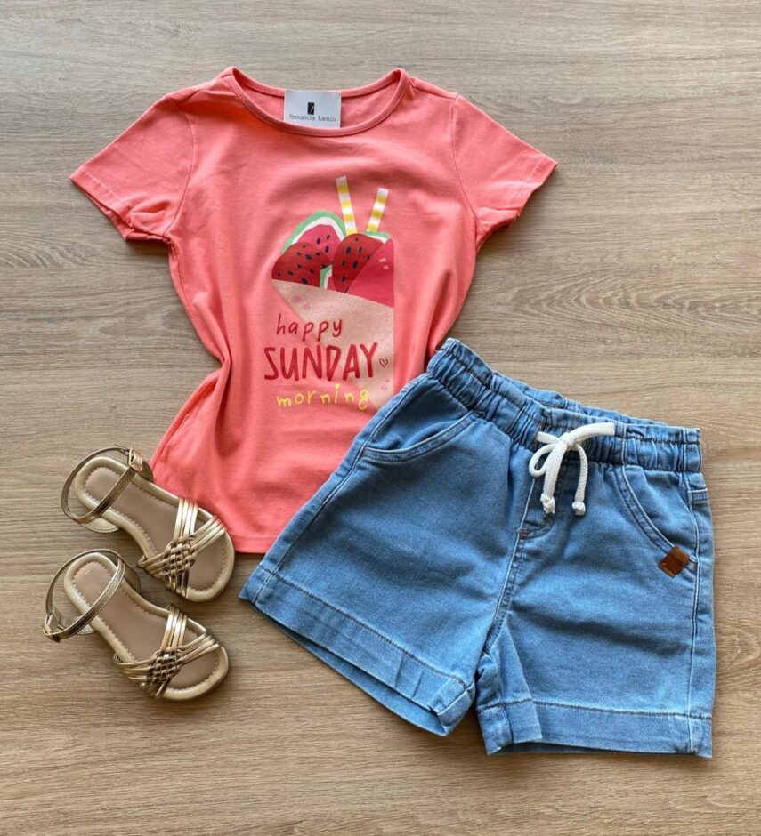 Blusa Infantil Feminina Manga Curta Estampa Happy Sunday Salmão Fernanda Ramos Kids
