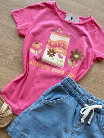 fernandaramoskids com br Blusa Infantil Feminina Manga Curta Estampa Love Seeds Rosa 1