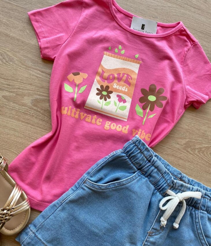 fernandaramoskids com br Blusa Infantil Feminina Manga Curta Estampa Love Seeds Rosa 1
