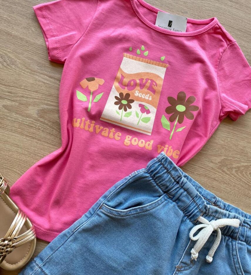 fernandaramoskids com br Blusa Infantil Feminina Manga Curta Estampa Love Seeds Rosa 1