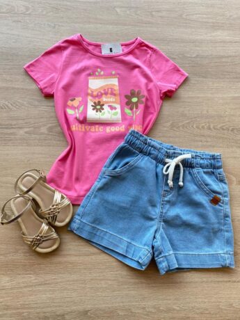 Blusa Infantil Feminina Manga Curta Estampa Love Seeds Rosa Fernanda Ramos Kids