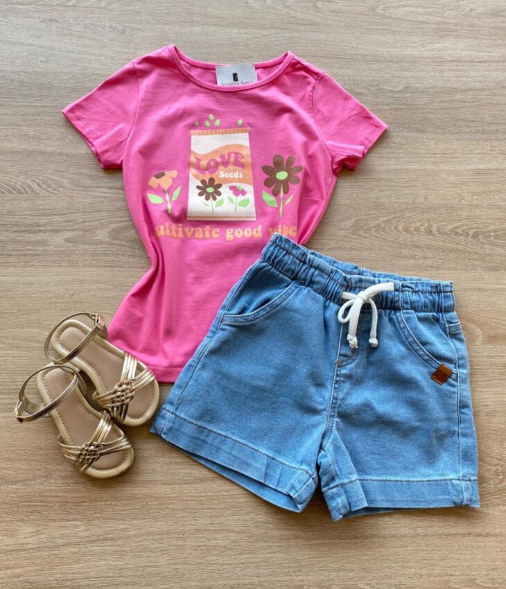 Blusa Infantil Feminina Manga Curta Estampa Love Seeds Rosa Fernanda Ramos Kids