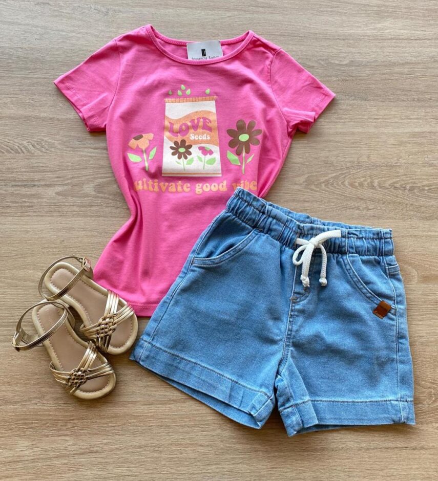 Blusa Infantil Feminina Manga Curta Estampa Love Seeds Rosa Fernanda Ramos Kids