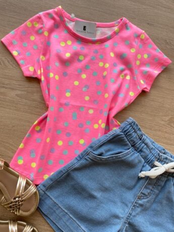 fernandaramoskids com br Blusa Infantil Feminina Manga Curta Estampa Poá Pink Flúor 1