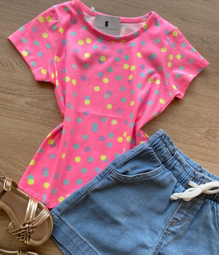 fernandaramoskids com br Blusa Infantil Feminina Manga Curta Estampa Poá Pink Flúor 1