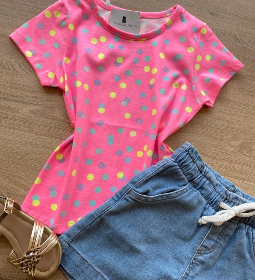 fernandaramoskids com br Blusa Infantil Feminina Manga Curta Estampa Poá Pink Flúor 1