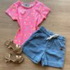 Blusa Infantil Feminina Manga Curta Estampa Poá Pink Flúor Fernanda Ramos Kids