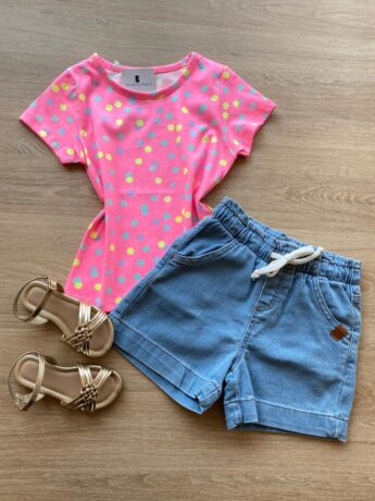 Blusa Infantil Feminina Manga Curta Estampa Poá Pink Flúor Fernanda Ramos Kids