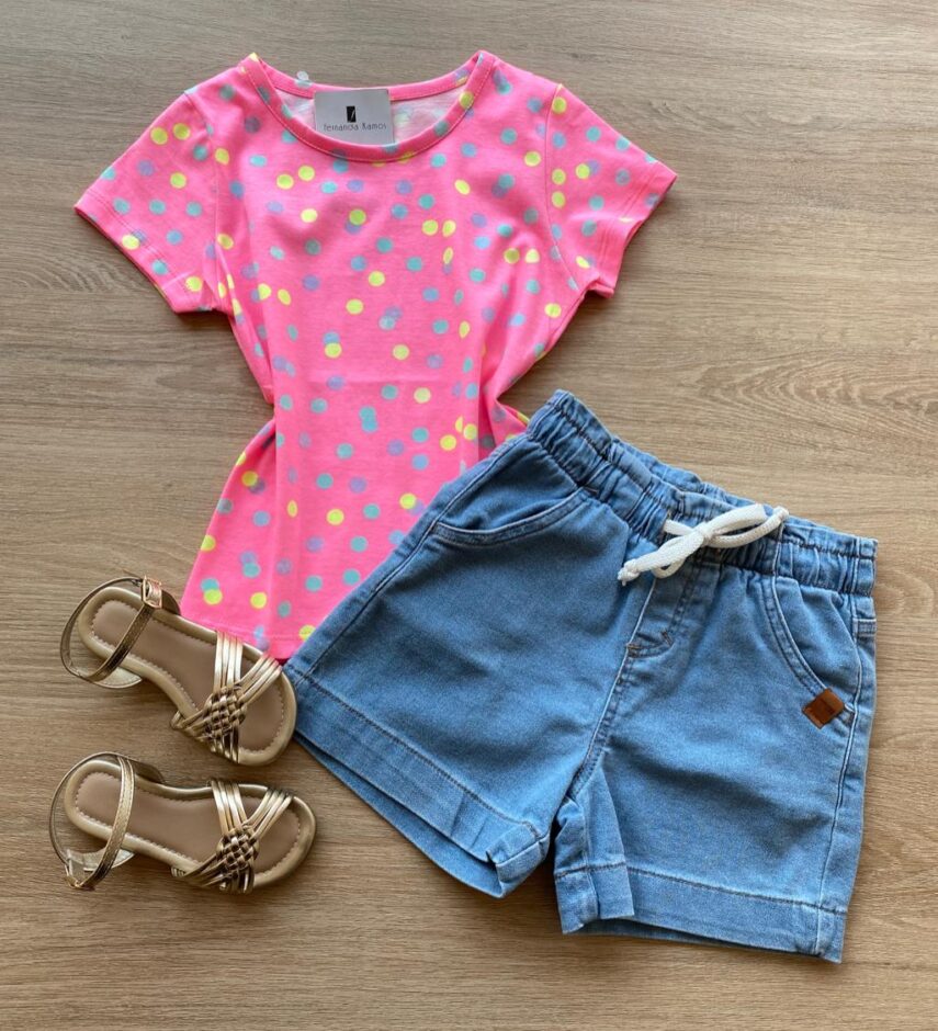 Blusa Infantil Feminina Manga Curta Estampa Poá Pink Flúor Fernanda Ramos Kids