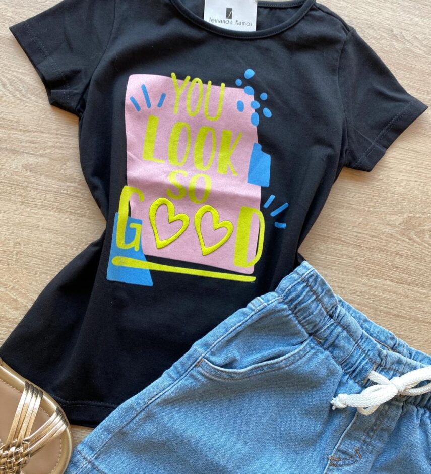 fernandaramoskids com br Blusa Infantil Feminina Manga Curta Estampa You Look So Good Preta 1