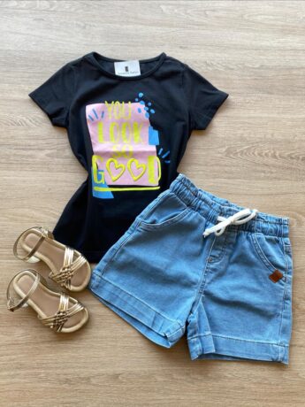 Blusa Infantil Feminina Manga Curta Estampa You Look So Good Preta Fernanda Ramos Kids