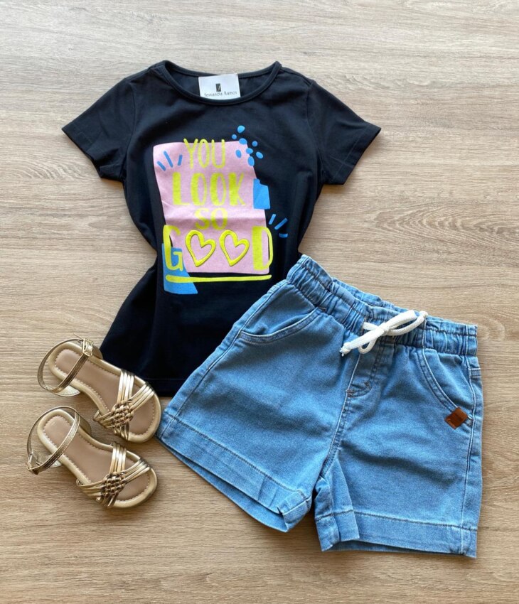 Blusa Infantil Feminina Manga Curta Estampa You Look So Good Preta Fernanda Ramos Kids