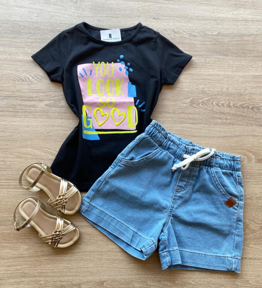 Blusa Infantil Feminina Manga Curta Estampa You Look So Good Preta Fernanda Ramos Kids