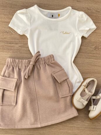 Blusa Manga Curta Infantil Feminina Tradicional Off White Fernanda Ramos Kids