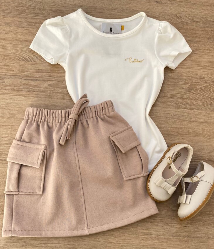 Blusa Manga Curta Infantil Feminina Tradicional Off White Fernanda Ramos Kids