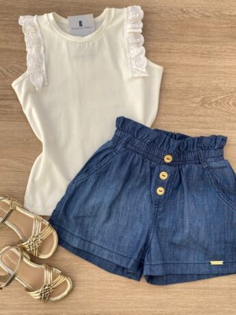 Blusa Regata Infantil Feminina com Detalhe Off White Fernanda Ramos Kids