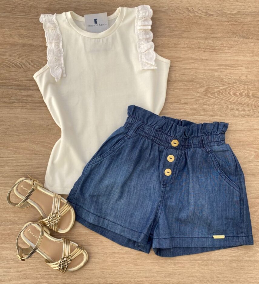 Blusa Regata Infantil Feminina com Detalhe Off White Fernanda Ramos Kids