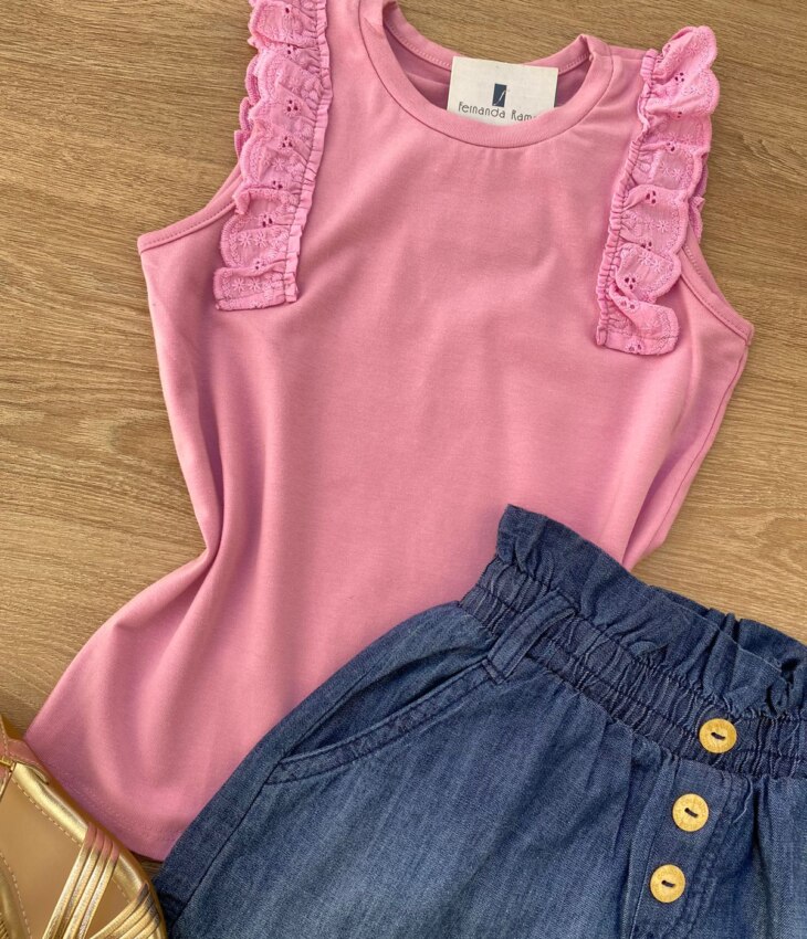 fernandaramoskids com br Blusa Regata Infantil Feminina com Detalhe Rosa 1
