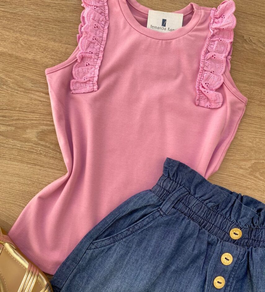 fernandaramoskids com br Blusa Regata Infantil Feminina com Detalhe Rosa 1
