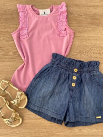 Blusa Regata Infantil Feminina com Detalhe Rosa Fernanda Ramos Kids