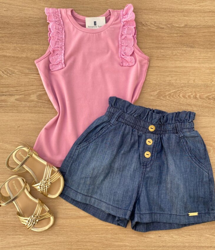 Blusa Regata Infantil Feminina com Detalhe Rosa Fernanda Ramos Kids