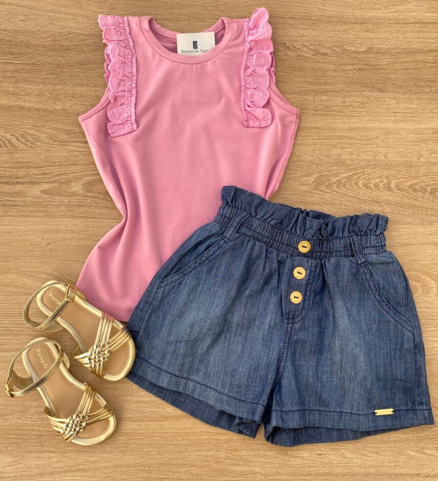 Blusa Regata Infantil Feminina com Detalhe Rosa Fernanda Ramos Kids