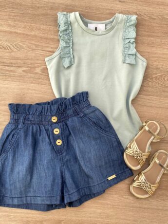 Blusa Regata Infantil Feminina com Detalhe Verde Água Fernanda Ramos Kids