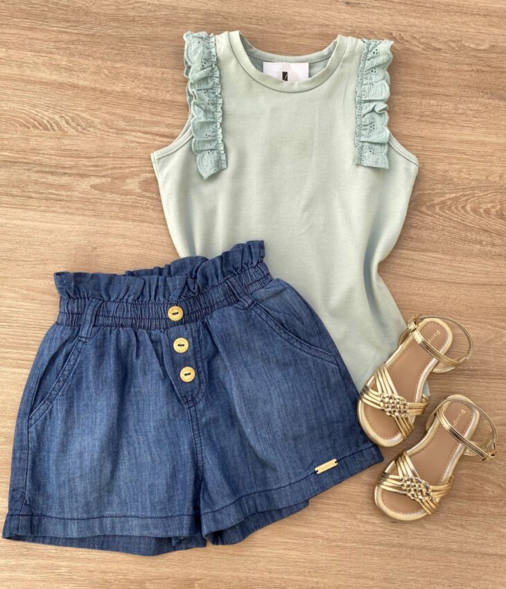 Blusa Regata Infantil Feminina com Detalhe Verde Água Fernanda Ramos Kids