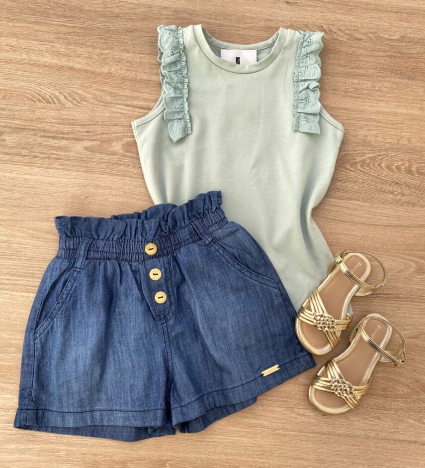 Blusa Regata Infantil Feminina com Detalhe Verde Água Fernanda Ramos Kids
